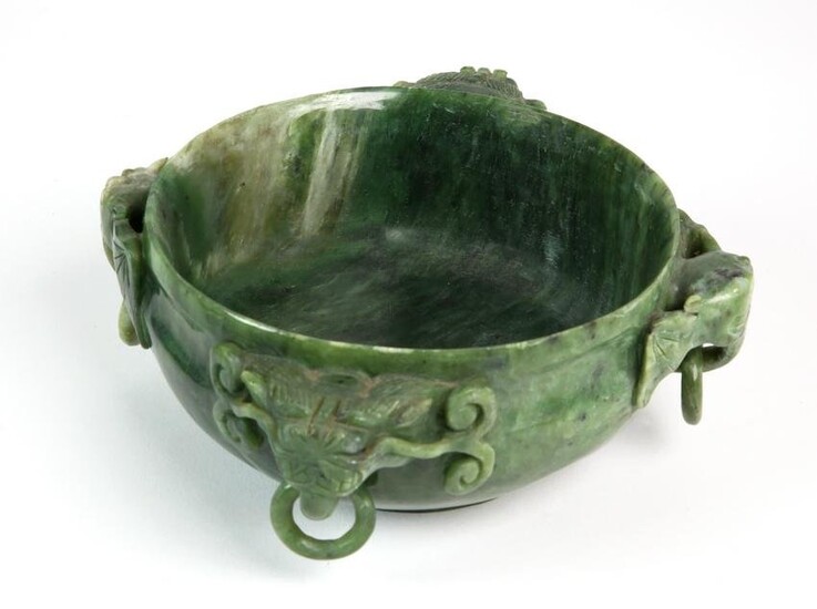 Chinese Large Carved Green Spinach Jade Bowl