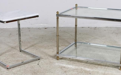 Chrome glass top side table, chrome and marble side