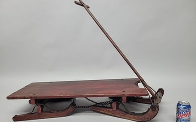 Circa 1900 Hand Made Original Red Paint Pull Sled with hand wrought iron runner faces - body of