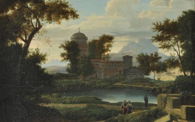 Circle of Alexandre Dunouy (French 1757-1841), Italianate landscape with two women on a path by a lake