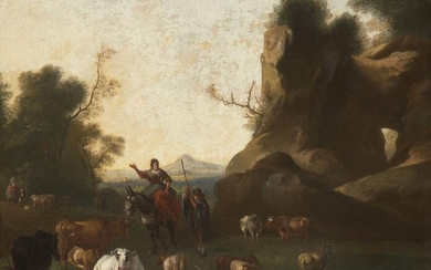 Circle of Nicolaes Pietersz Berchem, Dutch 1620-1683- A pastoral landscape with figures and animals; oil on canvas, 71 x 86 cm. (VAT charged on hammer price). Note: Berchem was one of the most prolific Dutch Golden Age painters who produced...