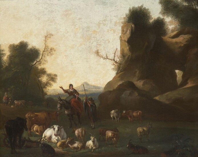 Circle of Nicolaes Pietersz Berchem, Dutch 1620-1683- A pastoral landscape with figures and animals; oil on canvas, 71 x 86 cm. (VAT charged on hammer price). Note: Berchem was one of the most prolific Dutch Golden Age painters who produced...