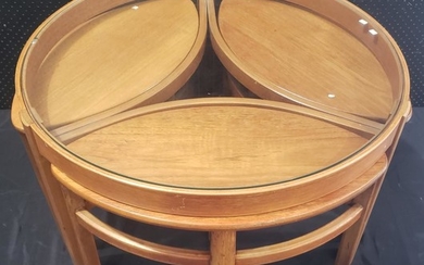 Circular Nathan Teak Nest of Tables with Glass Top, small chip to glass (H:51 x D:82cm)
