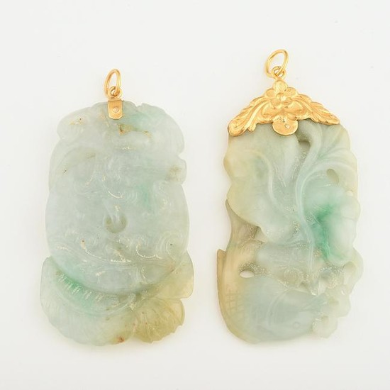 Collection of Two Jade, 20k Yellow Gold Pendants.