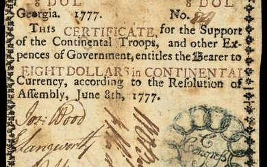 Colonial Currency, GA. June 8, 1777 $8 Congress Thirteen Links Note