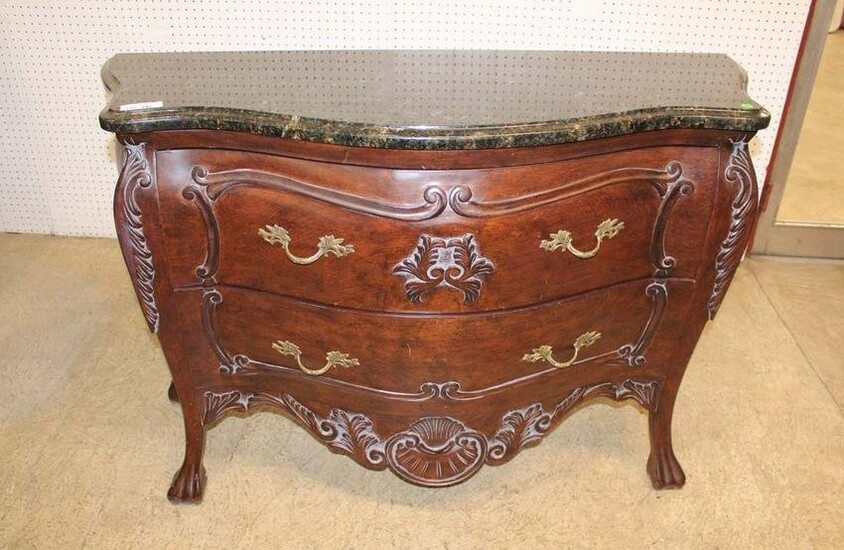 Contemporary carved mahogany marble top chest