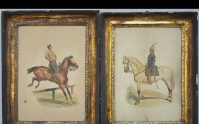 Coppia di stampe a colori raffiguranti soldati a cavallo (cm 38x27) in cornici del secolo XIX con profilo interno intagliato...