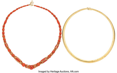 Coral, Gold, Yellow Metal Necklaces Stones: Carved inlay and...