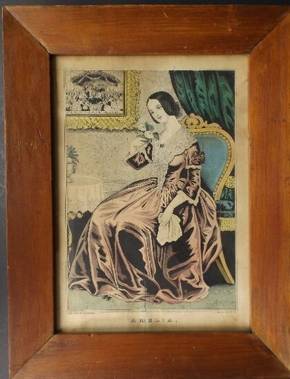 Currier, Amelia 1845 Antique Lithograph, Early American Folk Art, Framed