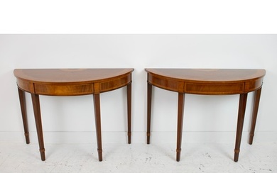 DEMI LUNE TABLES, a pair, George III design mahogany and sat...