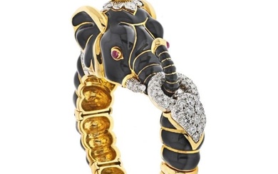 David Webb Platinum & 18K Yellow Gold Black Enamel Elephant Bracelet