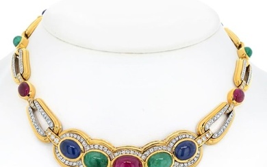 David Webb Platinum & 18K Yellow Gold Cabochon Cut Sapphire Ruby And Emerald Necklace