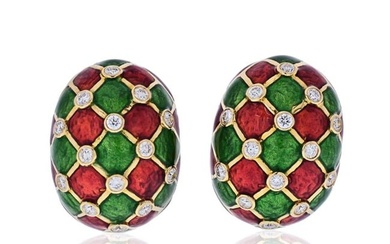 David Webb Platinum & 18K Yellow Gold Checkerboard Green Red Enamel And Diamonds Earrings