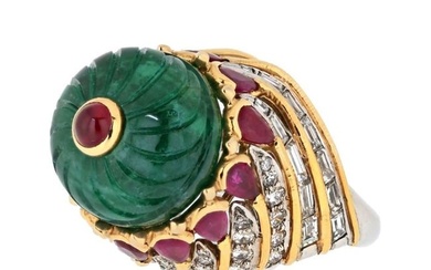 David Webb Platinum & 18K Yellow Gold Mughal Carved Emerald And Ruby Ring