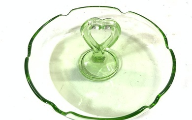 Depression Glass Dip Dish W Heart Handle Green