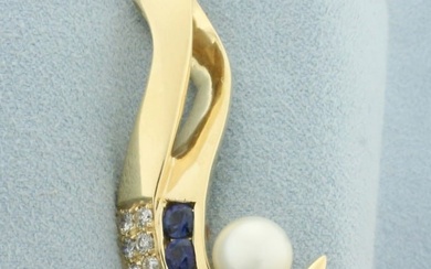 Designer Sapphire, Diamond, and Akoya Pearl Slide Pendant in 14k Yellow Gold