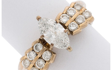 Diamond, Gold Rings The ring features a marquise-shaped diamond...