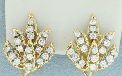 Diamond Leaf Design Clip On Earrings in 18k Yellow Gold