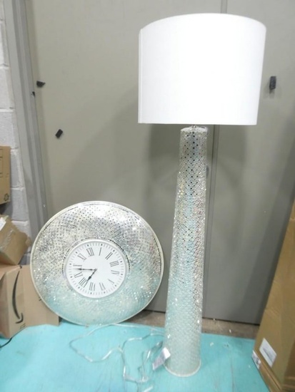 Disco Mirror Tiled Clock and Lamp - clock is about 31" in diameter, lamp is about 62" tall