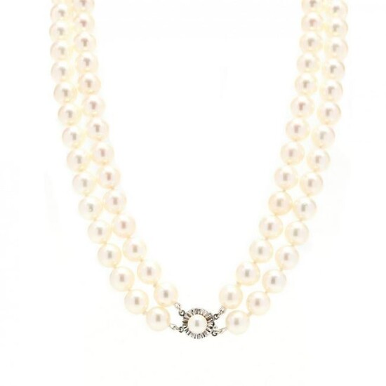 Double Strand Pearl Choker Necklace with White Gold and