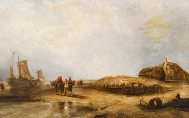 Dutch 19th Cent. Coastal Scene Oil on Canvas 28''x49''