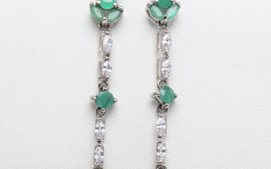 EARRINGS, sterling silver with emeralds and cubic zirconia, contemporary.