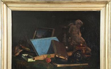 ÉCOLE FRANCAISE du XIXè. « L’atelier du peintre ». Huile sur toile avec un bel...
