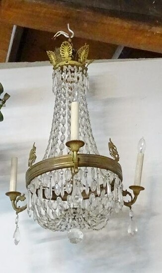 EMPIRE STYLE BRONZE AND CRYSTAL 3 LITE CHANDELIER 29" X 18" DIA.