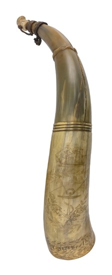 ENGRAVED POWDER HORN Carved bone cap at narrow end engraved with a foliate design. Horn with multiple engraved vignettes and a folia...