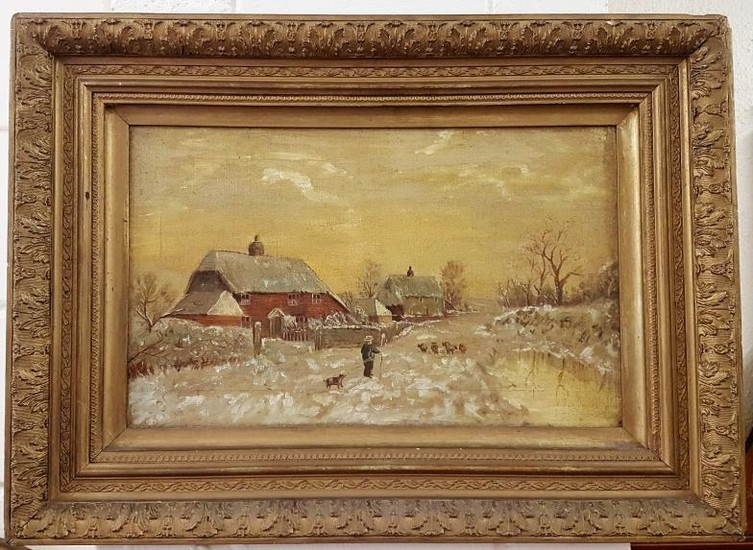 Early 20th Century Oil on Canvas Winter Landscape Painting w...