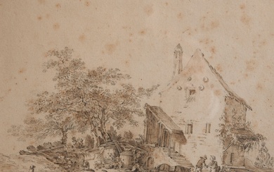 Ecole HOLLANDAISE du XVIIIe siècle Paysans devant une chaumière Dessin 21 x 26,5 cm (Rousseurs)...
