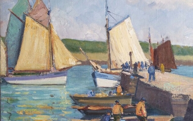Edouard GUYONNET (1885-1980) Le départ de pêche à Concarneau Huile sur toile marouflée sur panneau,...