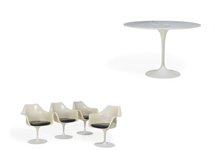Eero Saarinen: Tulip". Four white fiberglass armchairs. And circular dining table with marble top. White trumpet shaped base. H. 72. Diam. 106 cm. (5)