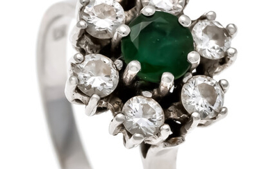 Emerald-brilliant ring WG 585/000 with a round faceted emerald 4 mm and 6 brilliant-cut diamonds, total 0.40 ct W / SI, ring size 54, 3.8 g
