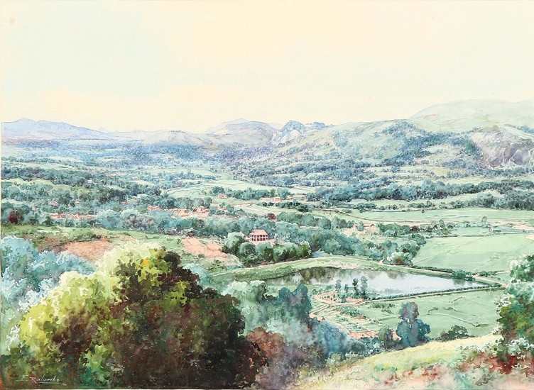 Émile Ralambo: Landscape from Madagascar. Signed E. Ralambo. Watercolour on paper. 39×49 cm.
