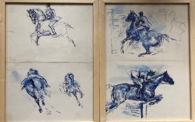 [Équitation]. José Luis REY VILA (1910-1983) Deux dessins à l'encre bleue sur papier représentant des...