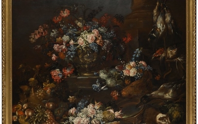 FELICE FORTUNATO BIGGI, CALLED 'FELICE DEI FIORI' | A still life of flowers in an urn on a ledge, surrounded by other flowers, fruit and vegetables, as well as a chicken, duck, guinea pig and game