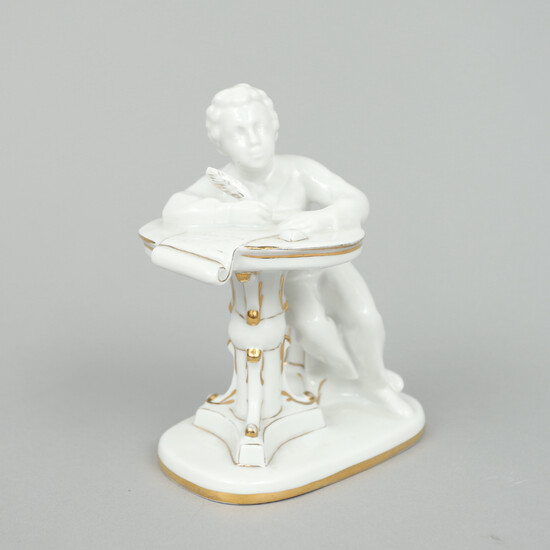 FIGURE in porcelain, seated Alexander Sergeyevich Pushkin with feather pen, 20th century first half, Russia.