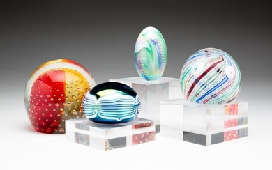 FOUR ART GLASS PAPERWEIGHTS INCLUDING MURANO.