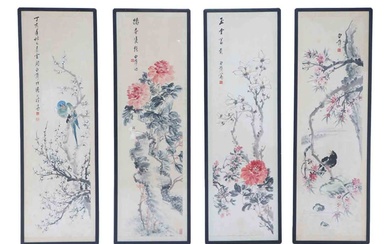 FOUR CHINESE SCROLL PAINTINGS DEPICTING TREES AND BIRDS, GOUACHE ON...