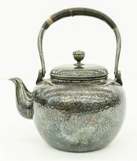 Fine Japanese Hammered Silver Teapot 8''x7''. A heavy