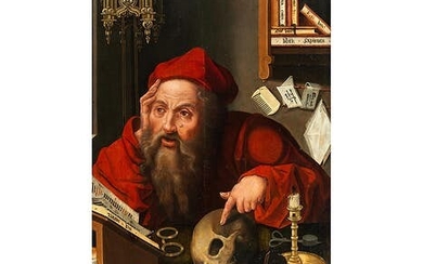 Flämischer Maler des 17. Jahrhunderts, in der Nachfolge des Joos van Cleve, um 1485 – um 1540, DER HEILIGE HIERONYMUS BEI SEINEN STUDIEN