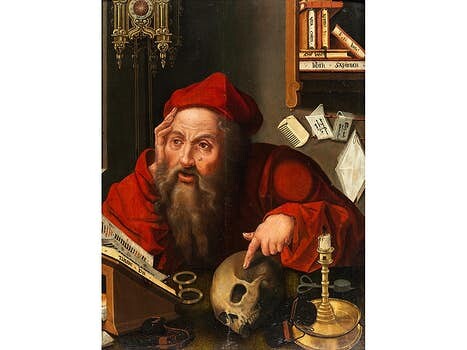 Flämischer Maler des 17. Jahrhunderts, in der Nachfolge des Joos van Cleve, um 1485 – um 1540, DER HEILIGE HIERONYMUS BEI SEINEN STUDIEN