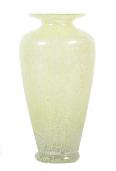 Foam glass vase Johann Loetz widow, around 1935, foam glass, mouth-blown, colourless crystal glass with yellow glass powder melted into it, partly colourlessly pierced, slightly flared wall with rounded shoulder, a recessed neck and wide, flat mouth...
