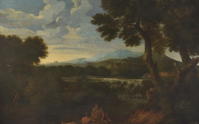 Follower of Gasper Dughet, Landscape with waterfall and figures along the bank