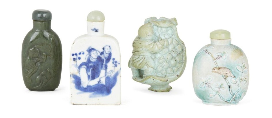 Four Chinese snuff bottles, late 19th - early 20th century, with one porcelain snuff bottle painted in underglaze blue with a scholar and attendant, another turquoise glazed biscuit porcelain snuff bottle moulded with a bird perched in branches and...