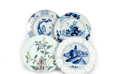 Four delftware plates mid 18th century, one Bristol...