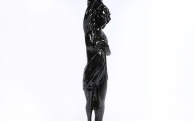 French Art Deco black lacquer and gilt and lacquer figural pedestal smoke stand. 27 1/4"H x 11 1/2"W