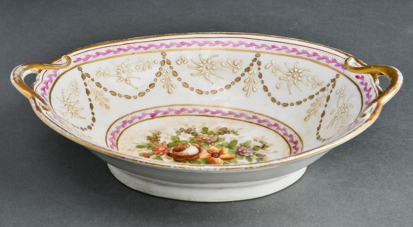 French Hand-Painted w Gilt-Trim Porcelain Bowl