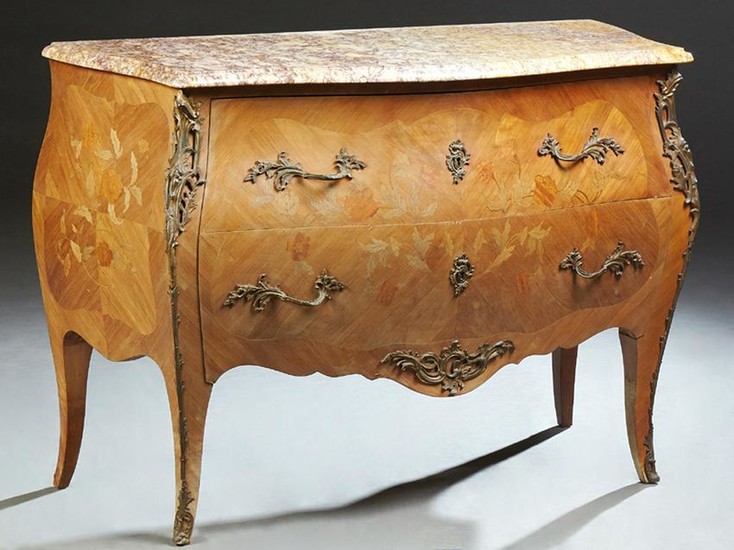 French Louis XV Style Marquetry Inlaid Marble Top Bombe